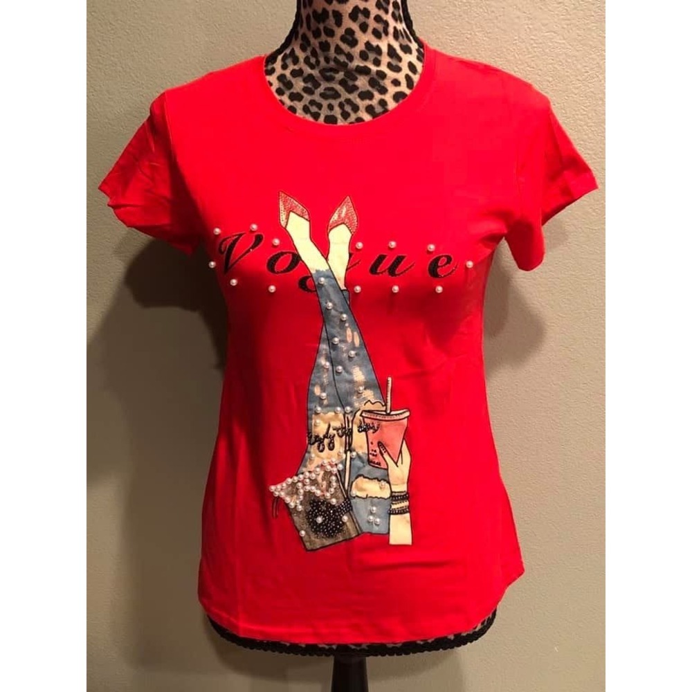 Sister Fashion Junior's Women's Red Relax Moment Fashion Rhinestones  Shirt Top